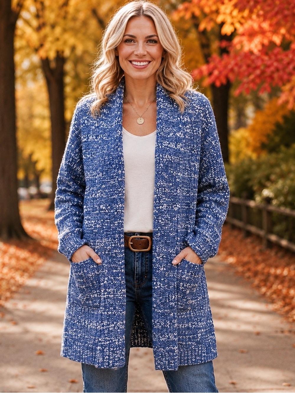 GAP Blue White Marled Long Open-Front Cardigan